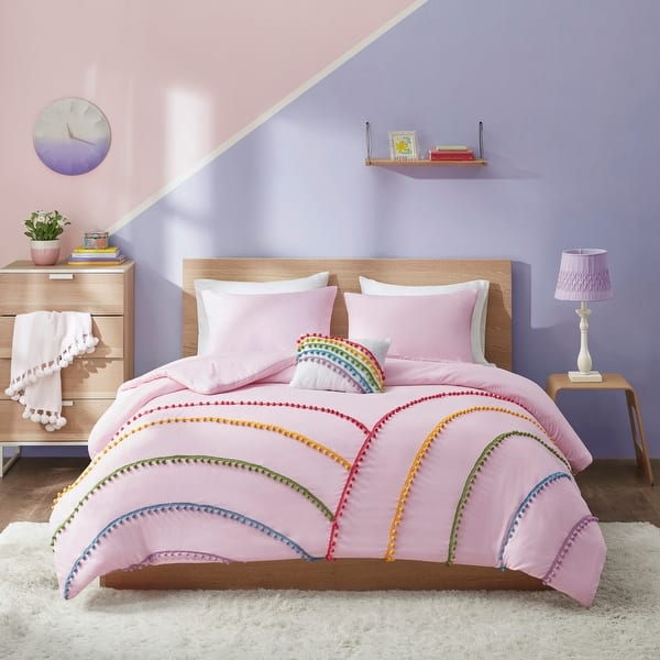 slide 2 of 13, Naomi Pink Rainbow Comforter Set With Pompom Trim by Mi Zone
