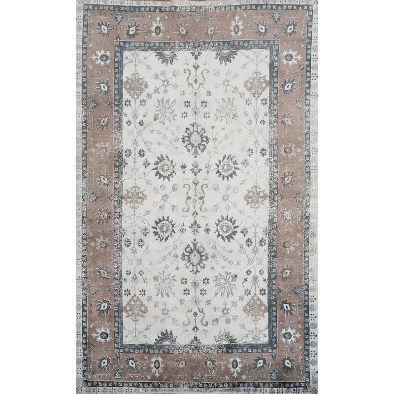 Hand Knotted Oriental Viscose Silk Carpet Traditional Floral Beige & Ivories Tabriz Area Rug - 7' 10'' X 5' 0''