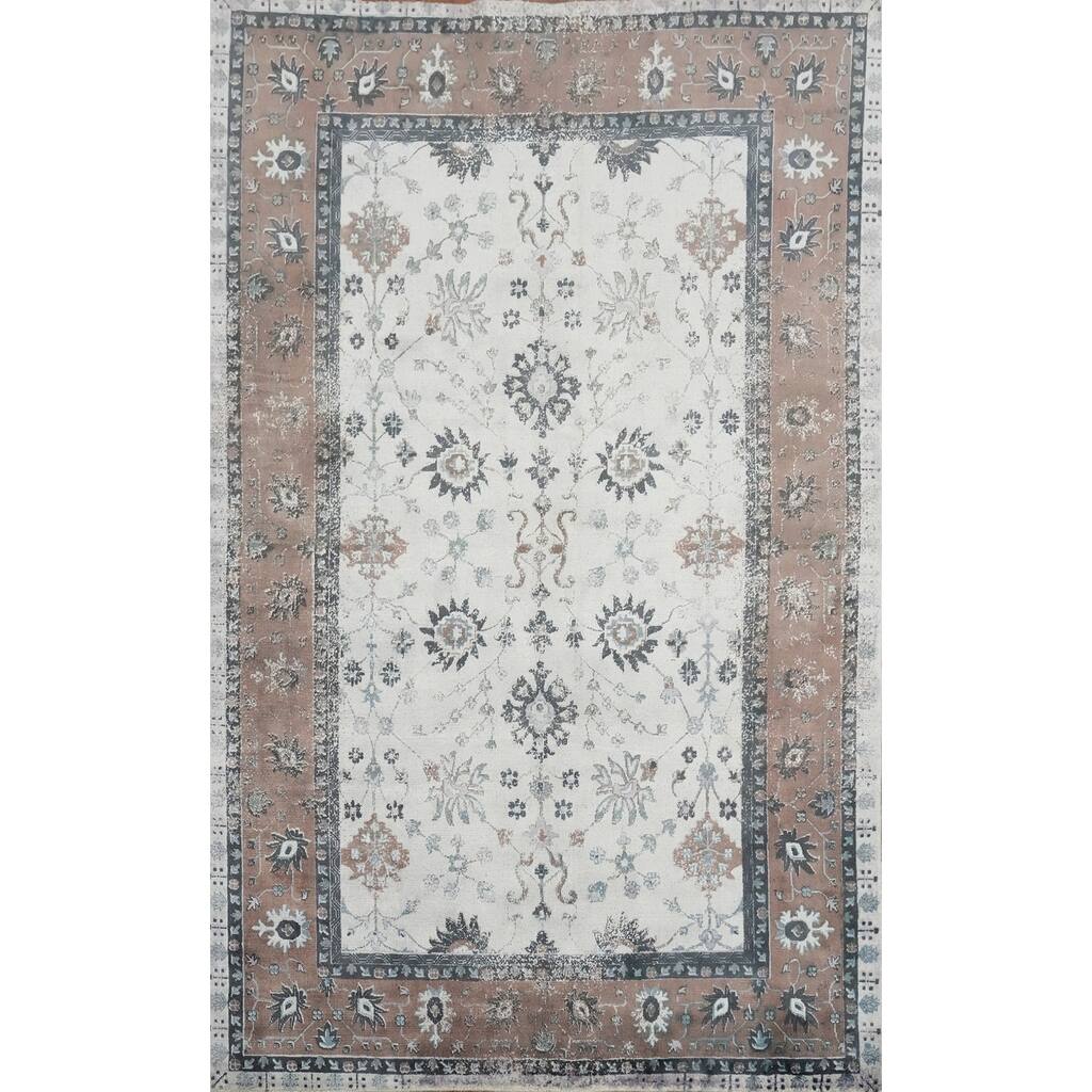 Hand Knotted Oriental Viscose Silk Carpet Traditional Floral Beige & Ivories Tabriz Area Rug - 7' 10'' X 5' 0''