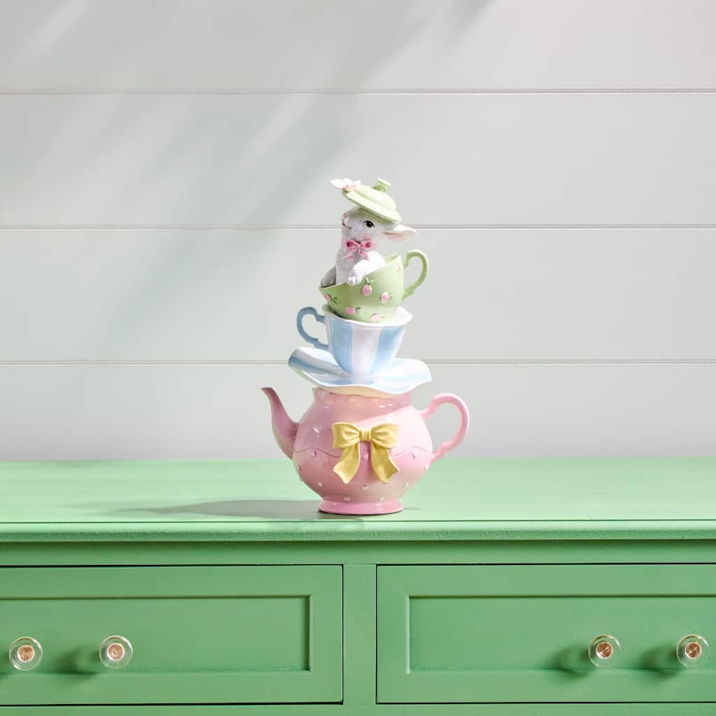 11" Resin Tea Cup Stack With Bunny