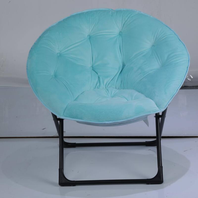 Comfy Folding Saucer Chair for Bedroom, Faux Fur Lounge Moon Chair with Sturdy Metal Frame, Oversized Plush Flower - Green With Black Legs