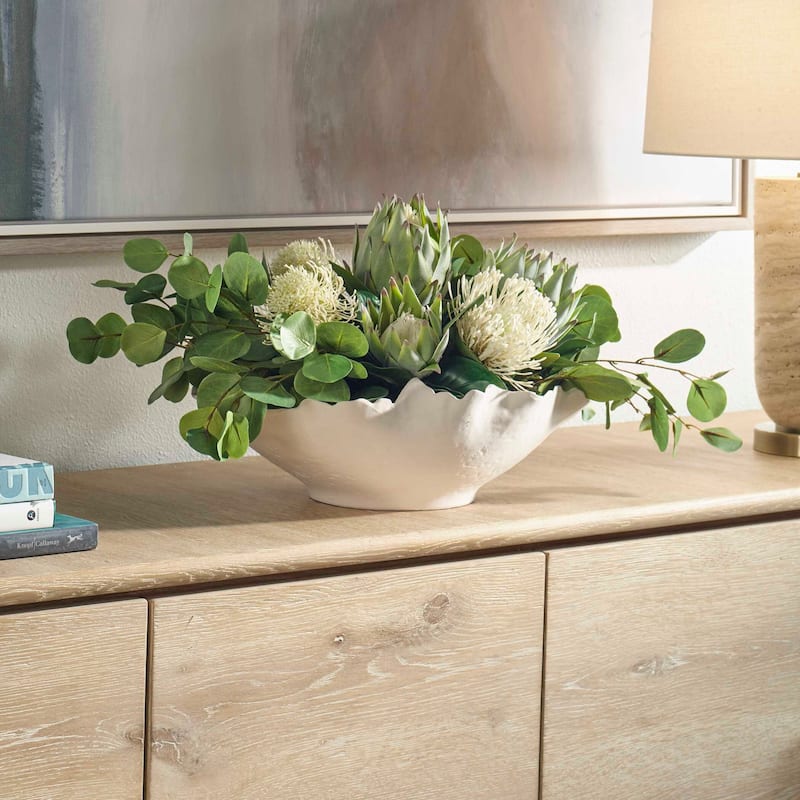 Uttermost Protea Blooms White Bowl Centerpiece - 24.00" W x 12.00" H x 16.00" D