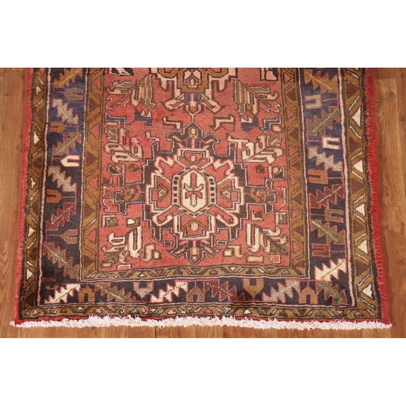 Geometric Pink Heriz Persian Vintage Runner Rug Handmade Wool Carpet - 3'10"x 10'1"