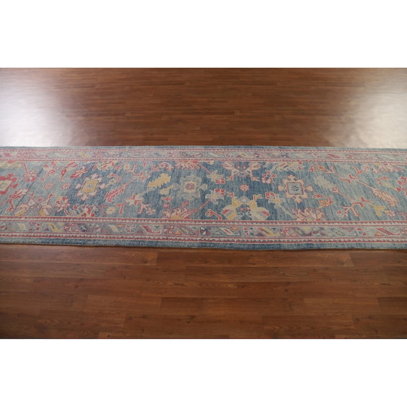 Vegetable Dye Oushak Turkish Runner Rug Handmade Floral Wool Carpet - 3'1"x 12'10"