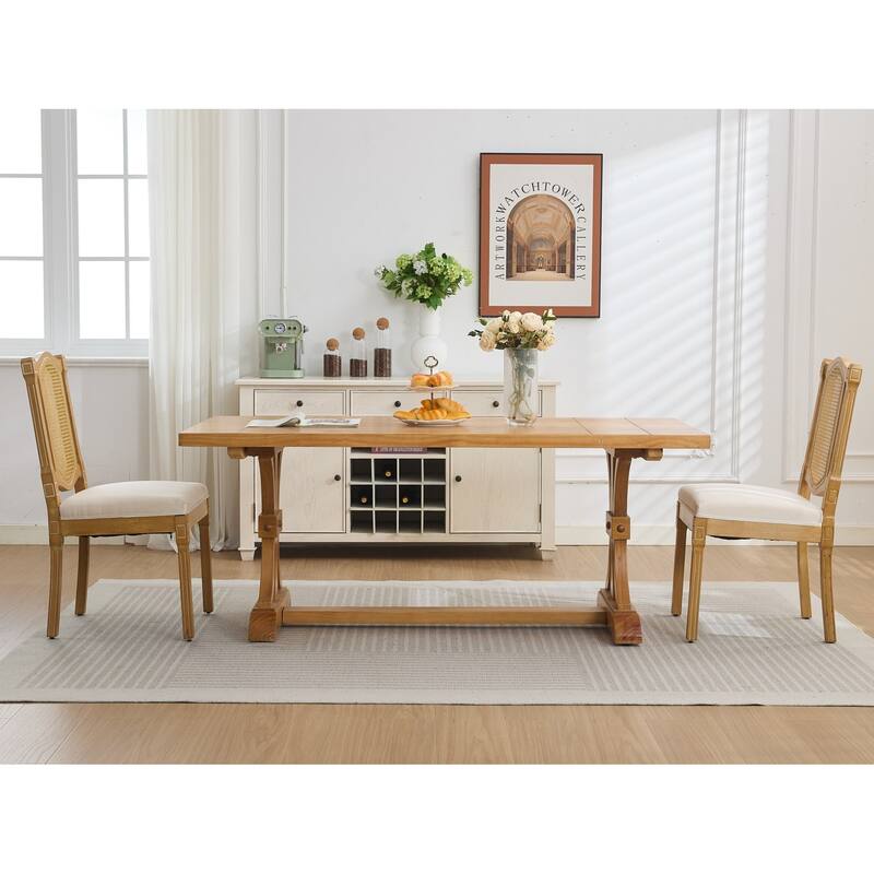 2-Piece Solid Wood Rattan-Back Dining Chair Set with Linen Cushion