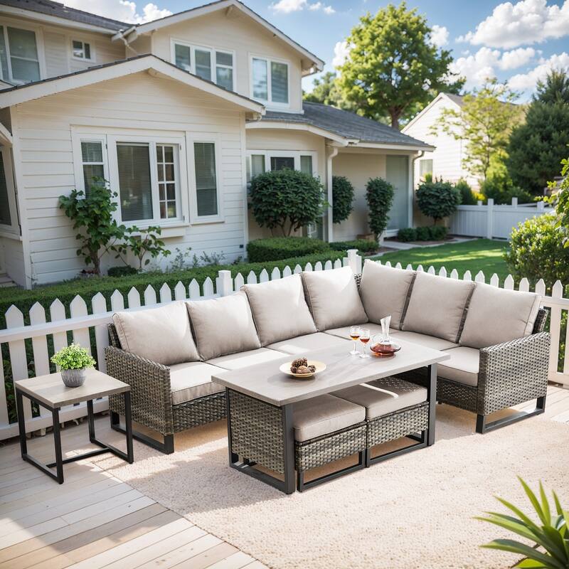 Gymojoy 5-Piece Outdoor Wicker Furniture Set, L-Shaped Sectional Sofa Set