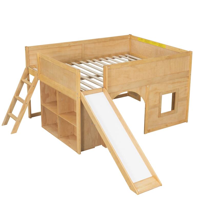 GDFStudio - PlayHaven Modern Wooden Low Loft Bed with Storage Shelves and Slide