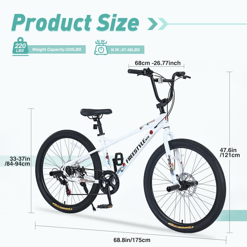 Freestyle Kids Mountain Bike, 26-inch, Shimano 7-Speed, Double Disc Brakes, Purple Bicycle for Boys & Girls 12+ Years