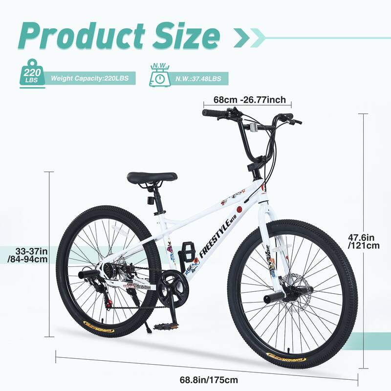 Road Cycling Bicycle, 7-Speed All-Terrain Bike with Double Disc Brakes 26 Inch Children Bicycle for Kids & Teens Age 12+ Years