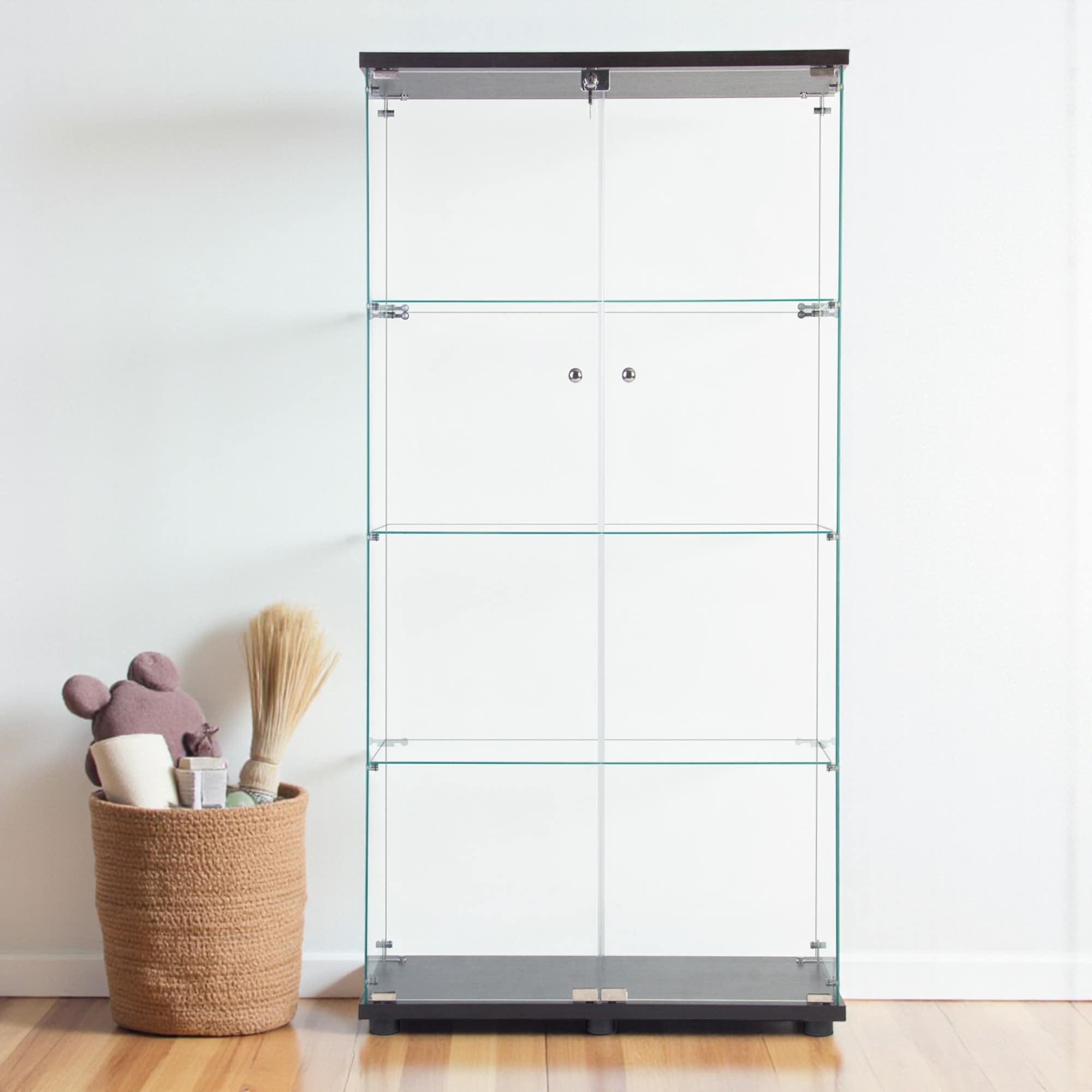 LED Glass Display Cabinet with 4 Shelves, Two Doors and Remote-Control Color Lighting