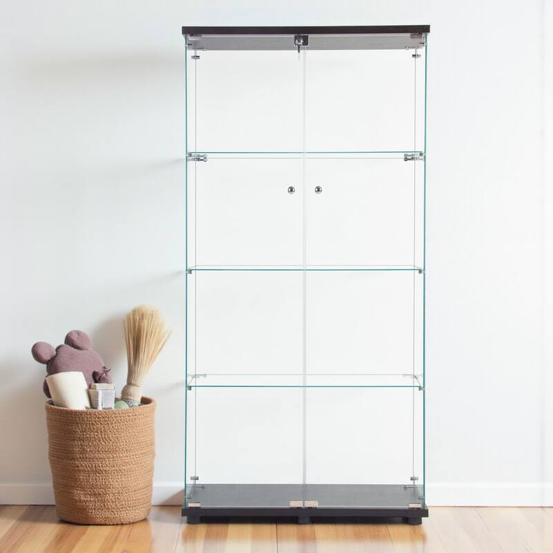 LED Glass Display Cabinet with 4 Shelves, Two Doors and Remote-Control Color Lighting - Black