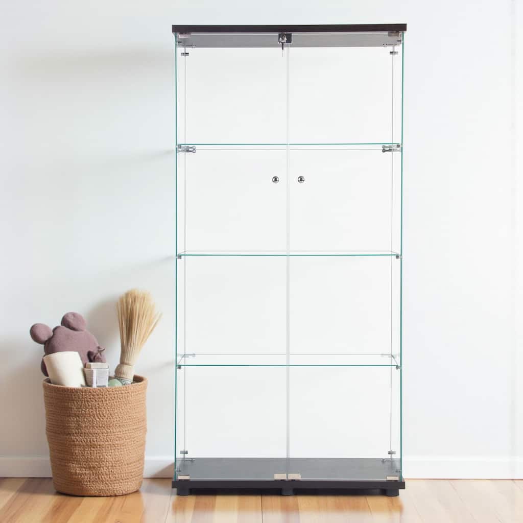 LED Glass Display Cabinet with 4 Shelves, Two Doors and Remote-Control Color Lighting