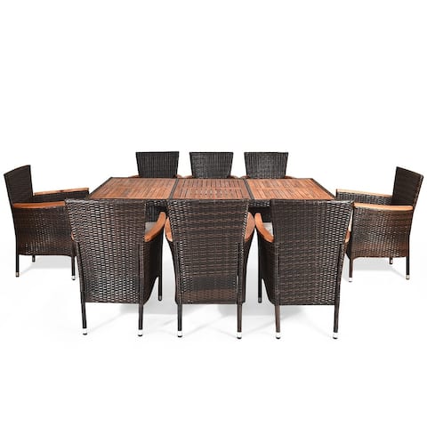 9 Pcs Patio Rattan Dining Set 8 with Stackable Chairs Cushioned and Acacia Wood Table Top