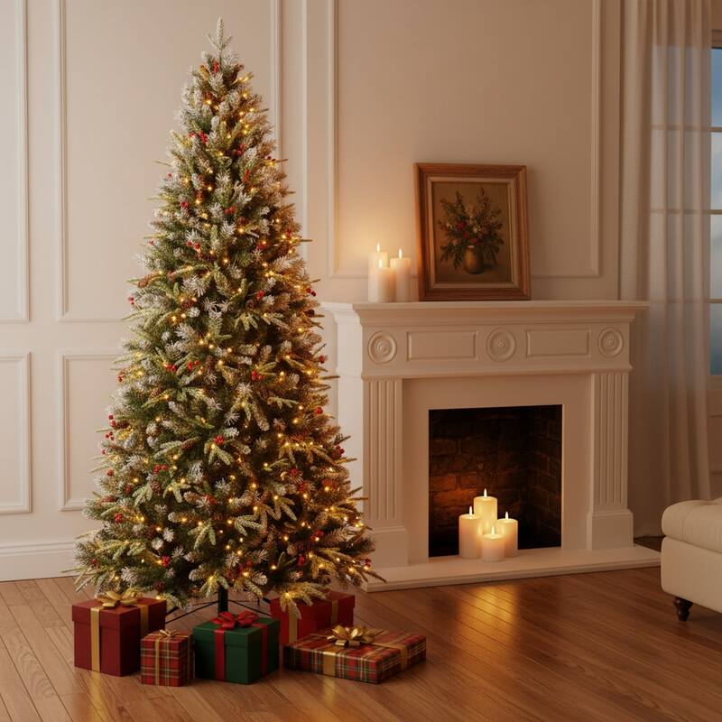 HomeRoots 9' Pre Lit Full Fir Christmas Tree With Decorations - Green - 60.00 in. x 108.00 in. x 60.00 in. - Green - 9 Foot