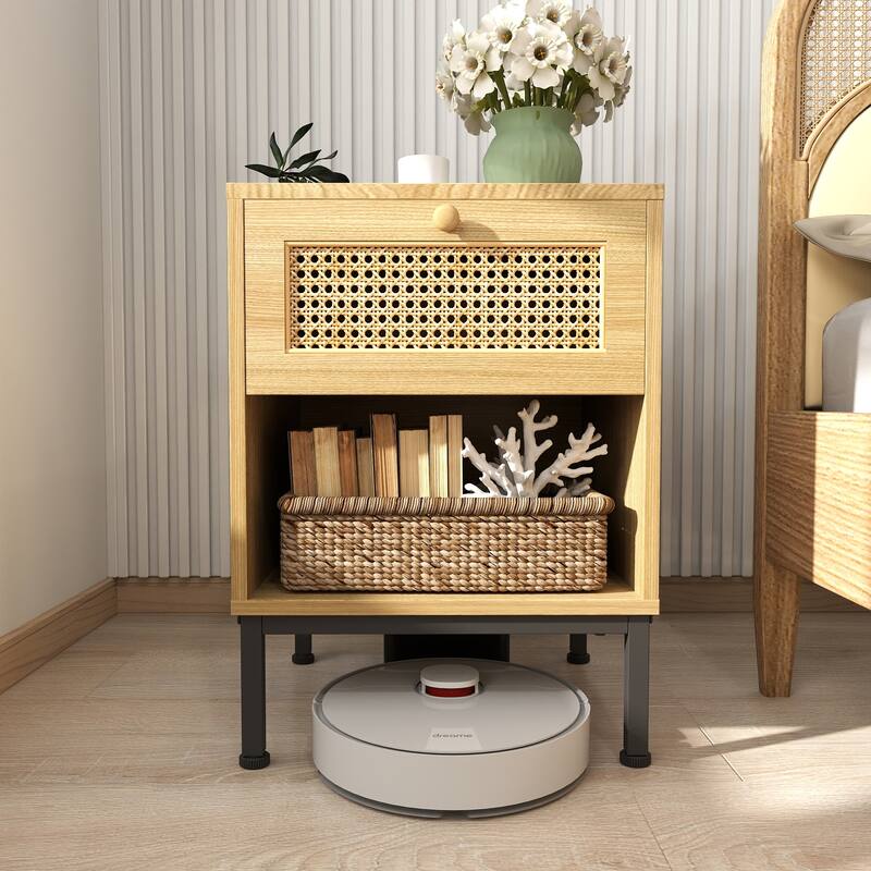 Rattan End Table/ Nightstand with Drawer, Farmhouse Boho Bed Side Table - 1 piece - Natural