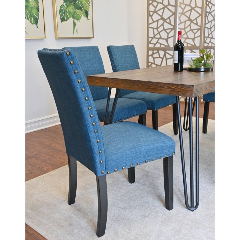 Mid-Century Modern Rectangular Dining Table with Brass Nailhead Chairs and Metallic Hairpin Legs for Kitchen Living Room