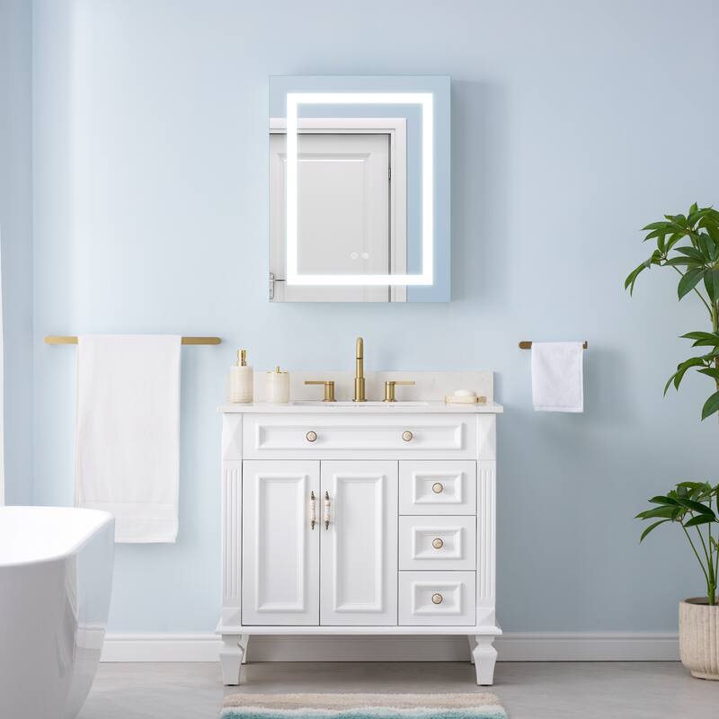 30" H Recessed or Surface LED Mirror Cabinet with Adjustable Glass Shelves,Defogger, Dimmer And Outlets & USB Ports