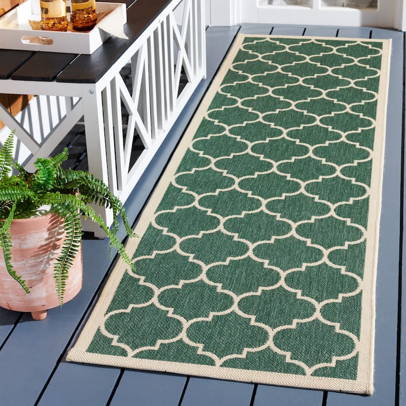 SAFAVIEH Courtyard Kathy Indoor/ Outdoor Waterproof Patio Backyard Rug - 2'3" x 8' Runner - Dark Green/Beige