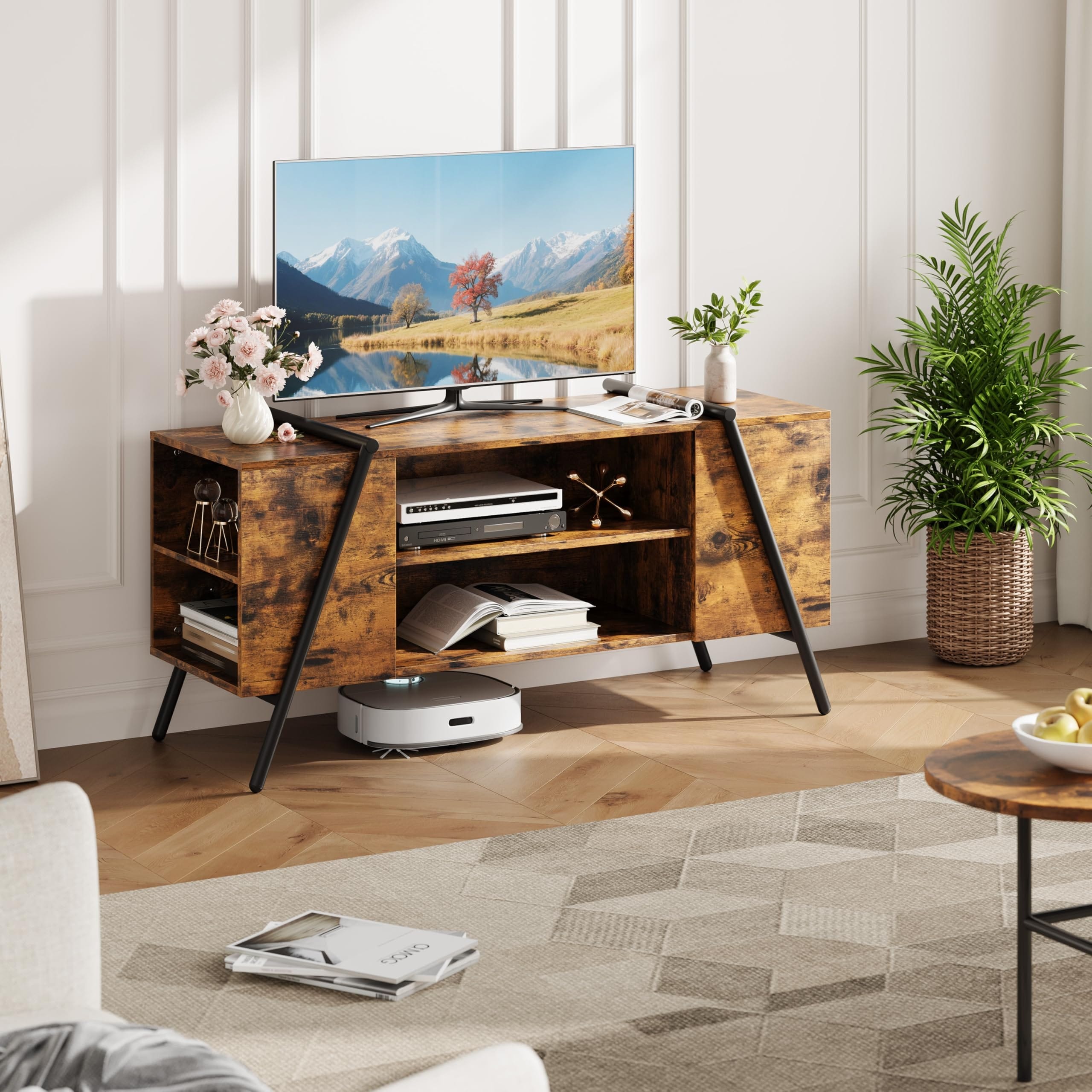 TV Stand, Entertainment Center with Adjustable Shelf, Metal Feet, Cord Holes, Mid Century Vintage Media Console Table