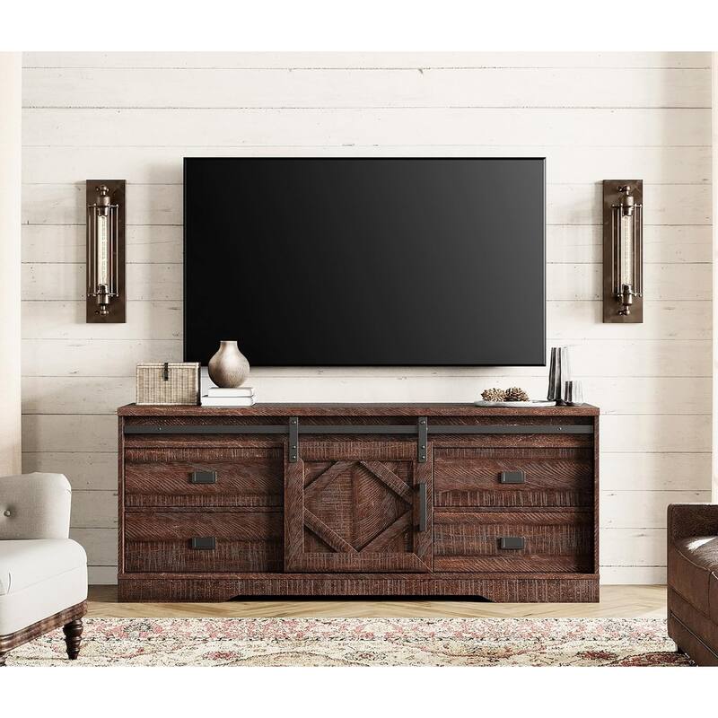 WAMPAT Farmhouse TV Stand with Sliding Barn Door for Living Room - Dark Brown