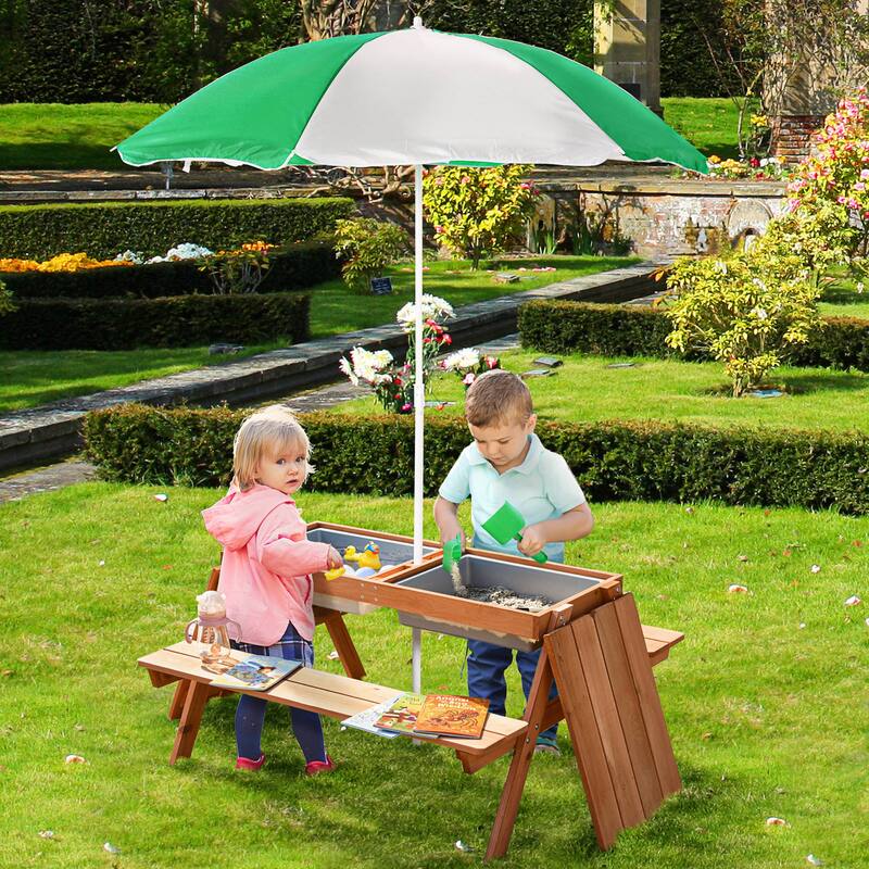 Outsunny Kids Picnic Table with Umbrella and Storage Inside, Sand and Water Table, Kids Outdoor Furniture - 36.5" x 33.5" x 19" - Kids - Natural Wood