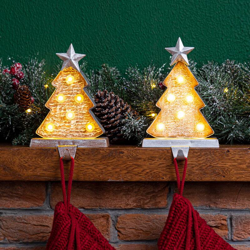 Glitzhome 7.5" H Christmas Silver LED Gift Box Heavy Duty Stocking Holders Mantel Ornament