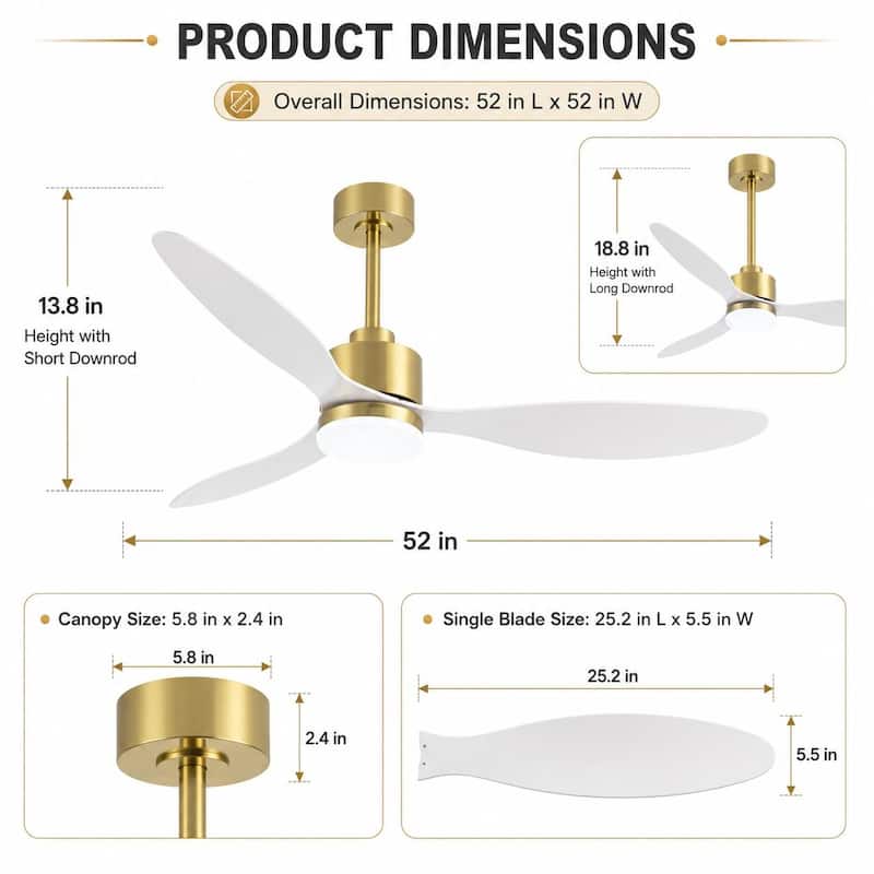 Airsurfer 52 in LED Ceiling Fan with Light, 3 Blades, Remote Control, 6 Speeds