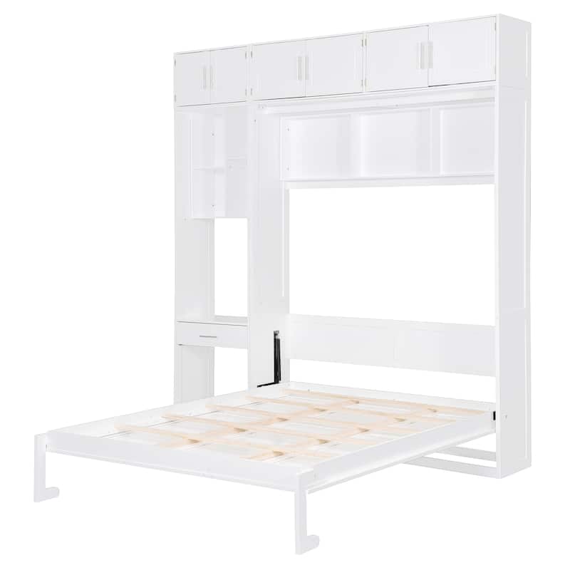 Queen Size Murphy Bed Hidden Cabinet with Desk and Drawer, Foldable Wood Wall Bed Frame with Top Cabinet & Storage Shelves
