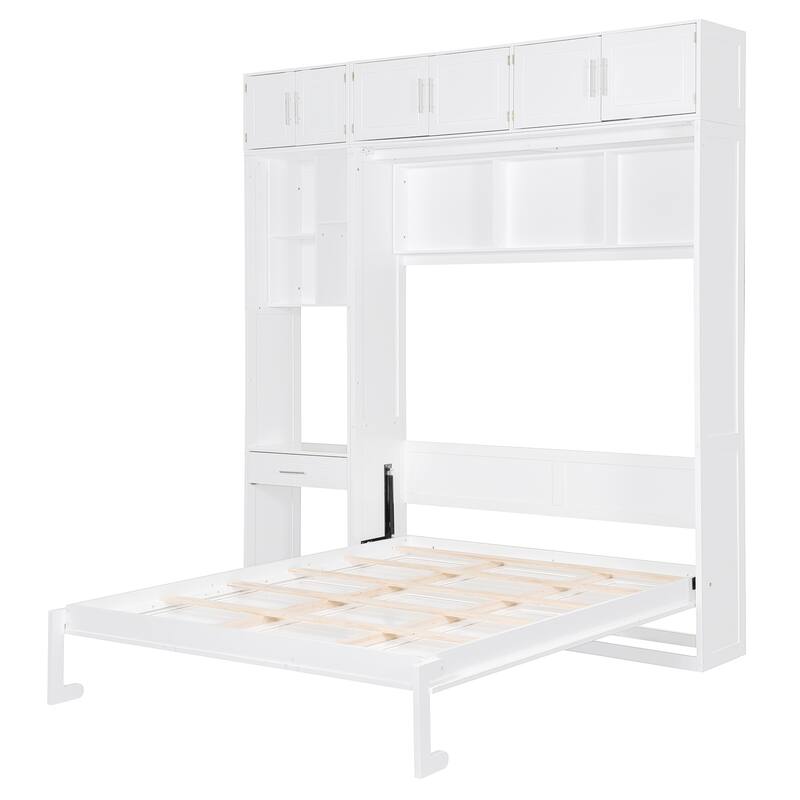 Queen Size Wall Murphy Bed, Foldable Platform Bed with Built-in Desk, Top Cabinet, Pull-out Drawer and Storage Shelves