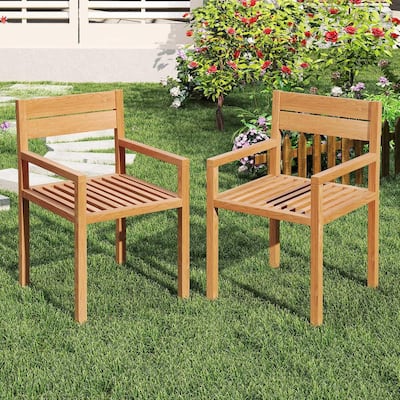 1/2/4 PCS Patio Teak Wood Dining Chair Outdoor Wooden Armchair