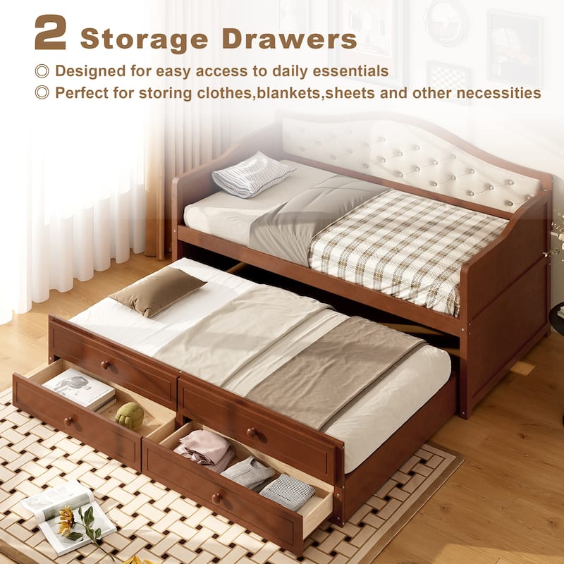 Wooden Frame Day Bed, Twin Size Daybed with Trundle Bed, Upholstered Tufted Button Backrest Sofa Bed with 2 Storage Drawers