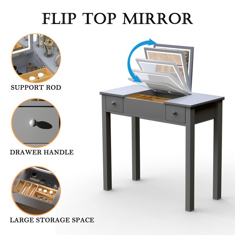 Small Flip Top Makeup Table with LED Lights, Mirror, 2 Drawers