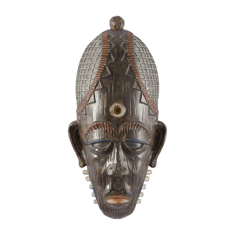 Polystone Mask African Tribal Wall Decor with Rust and Navy Carvings - Brown - Roche River Decor