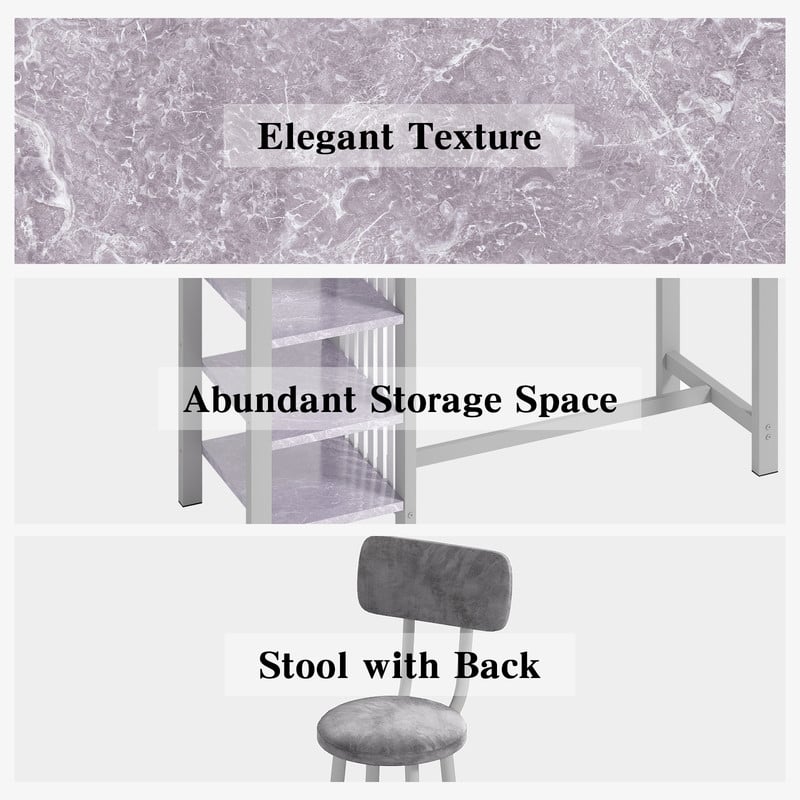 3-Piece Dining Room Table Set with 2 Upholstered Bar Stools, Modern Farmhouse Bar Table Set for 2 with Multiple Tier Shelves