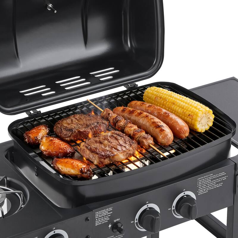 Anmytek 2-Burner Stainless Steel Propane Gas Grill with Side Burner 24000 BTU Enameled Grates Side Tables