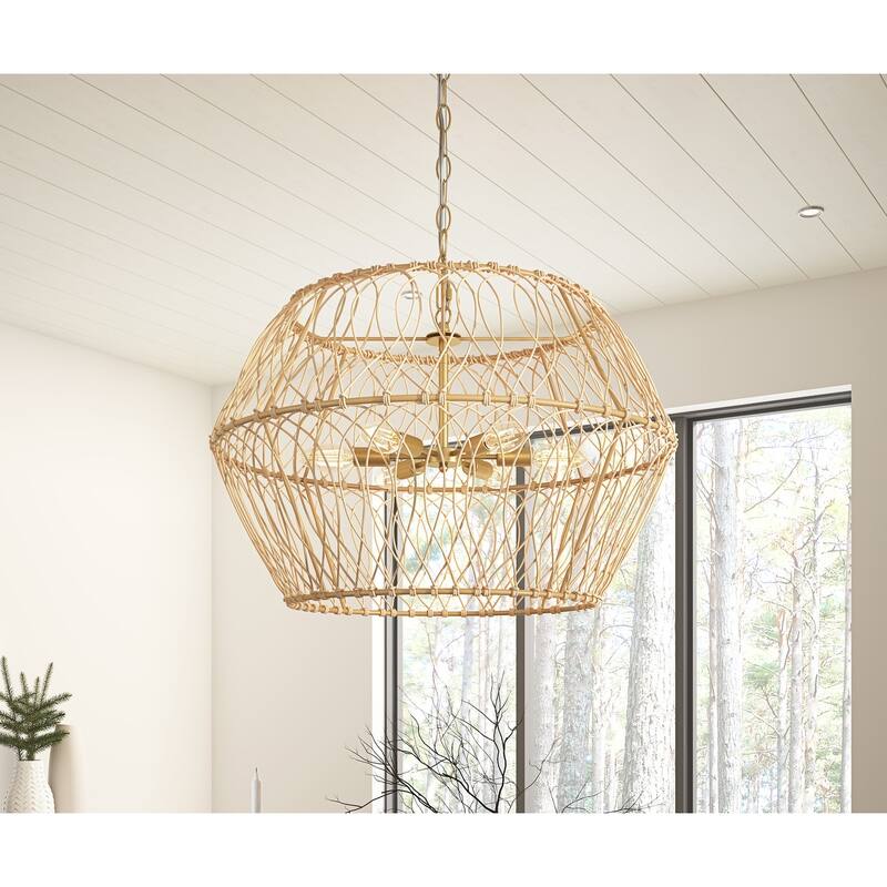 Vintage Gold 6-Light Geometric Handwoven Rattan Pendant Light Fixture - Gold