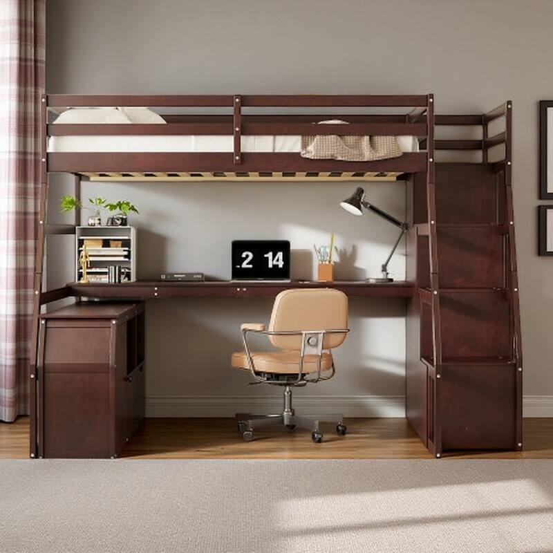 Wood Loft with Built-in Desk, 7 Drawers & 2 Shelves - Full Size for Kids - Espresso