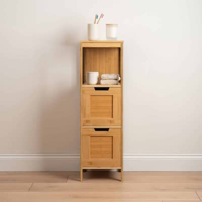 Bamboo Bathroom Storage Cabinet with Open Shelf and Double Drawers Mahe Collection - 11.13"L x 11.13"W x 35.50"H