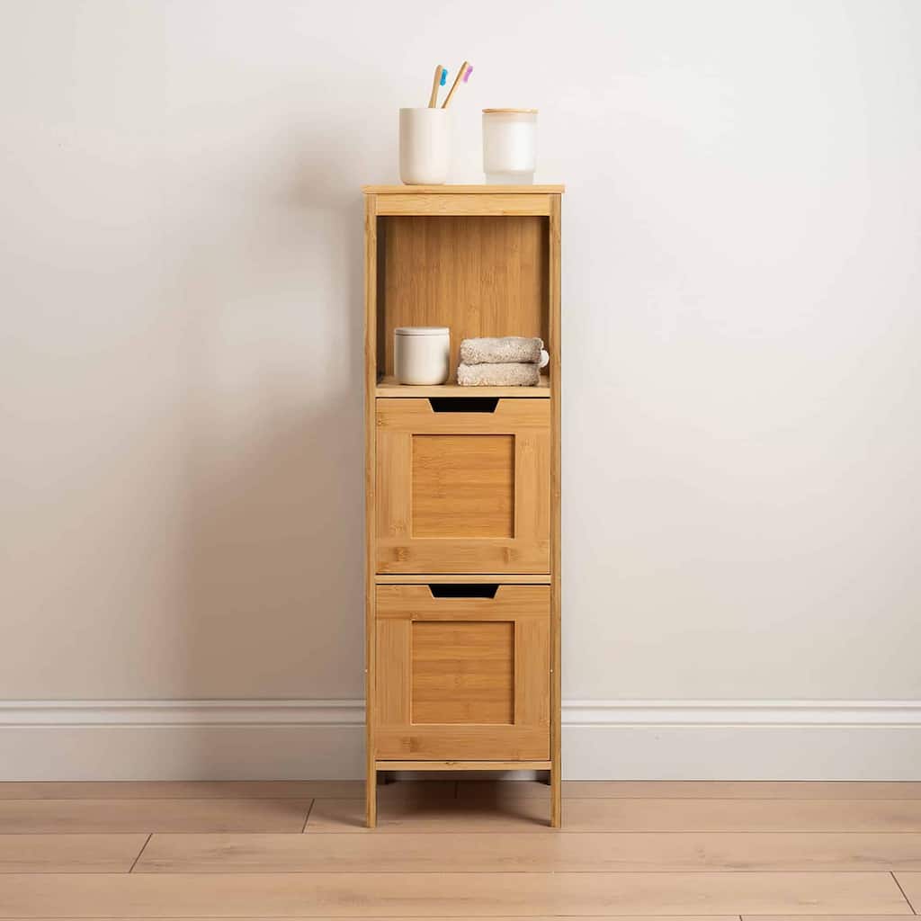 Bamboo Bathroom Storage Cabinet with Open Shelf and Double Drawers Mahe Collection - 11.13"L x 11.13"W x 35.50"H