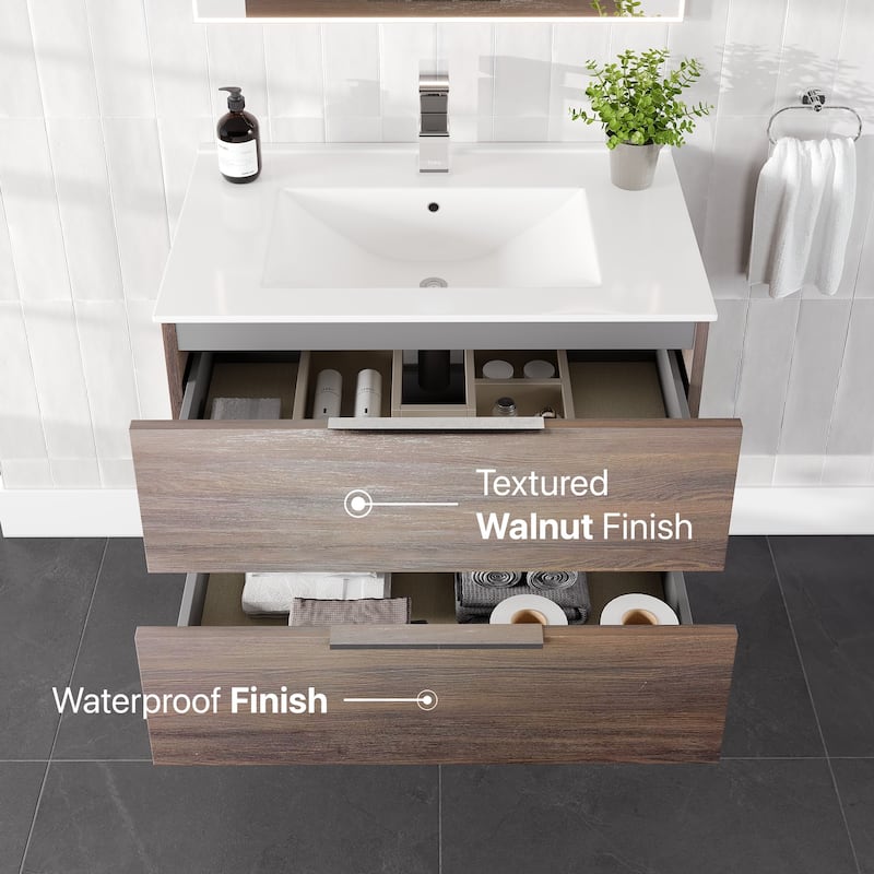 Marina 32 in. Wenge Wall MountSingle Sink Bath Vanity with Porcelain Top and Integrated Sink