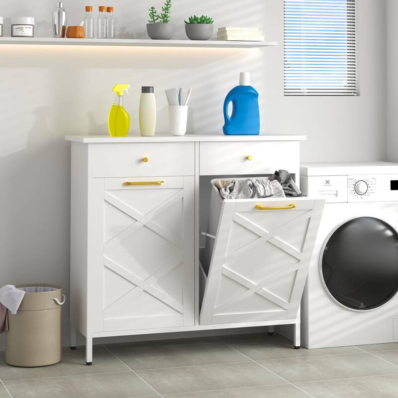 AECOJOY Double Tilt Out Trash Can Cabinet, 20 Gallon Metal Dog Proof Trash Can with 2 Drawers