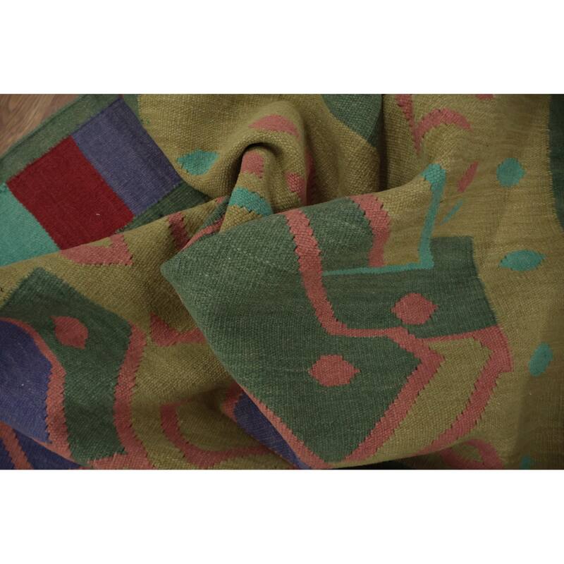 Hand Woven Oriental 100% Wool Carpet Southwestern Tribal Green Kilim Runner Rug - 11' 8'' X 4' 0''