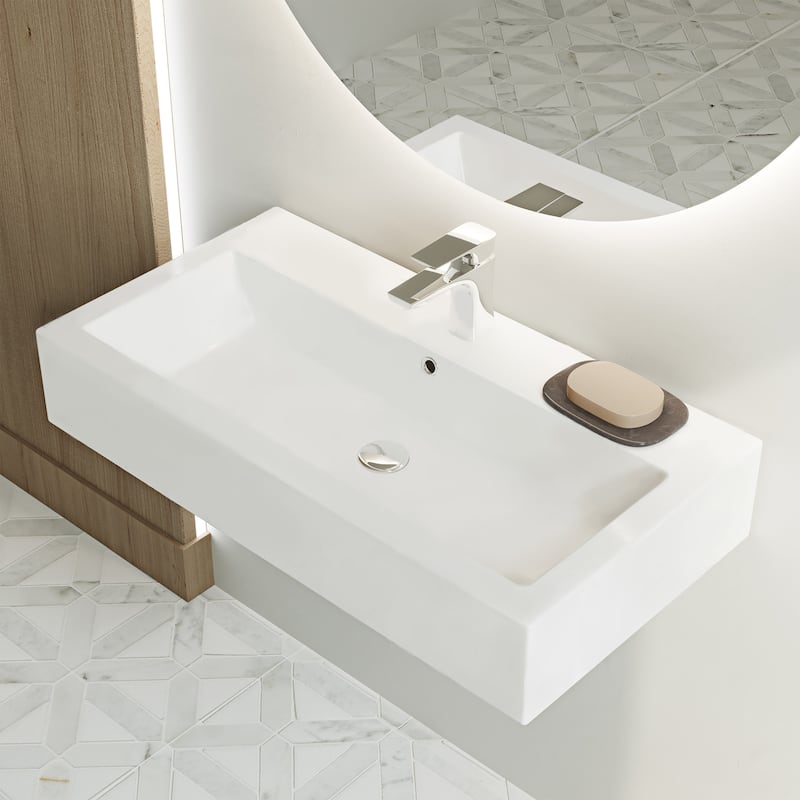 Voltaire Wide Rectangle Wall Hung Sink - White Marble