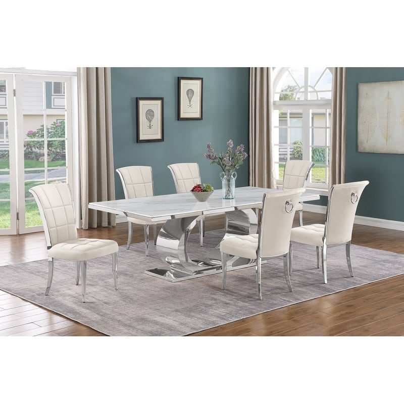 Best Quality Furniture D432/3-SC320-7 Dining Set with 87" White Marble Top - Cream / Silver - 7-Piece