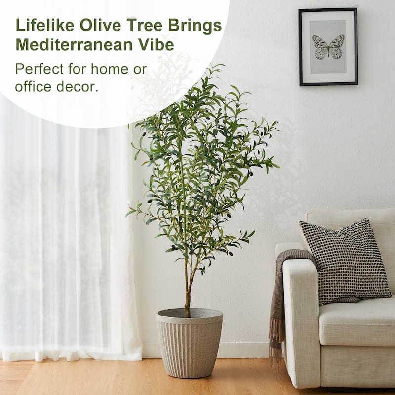 Glitzhome 6ft Faux Olive Tree with Black Pot Real Touch Artificial Plant