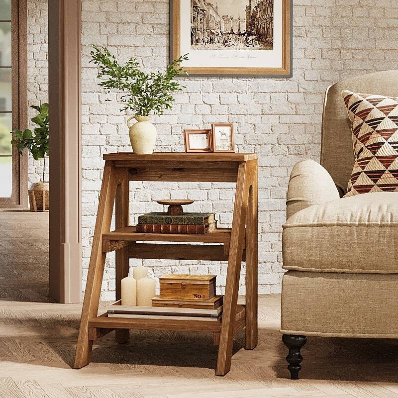 Solid Wood End Table with Storage Shelves, 3-Tier Ladder Shape Side Table