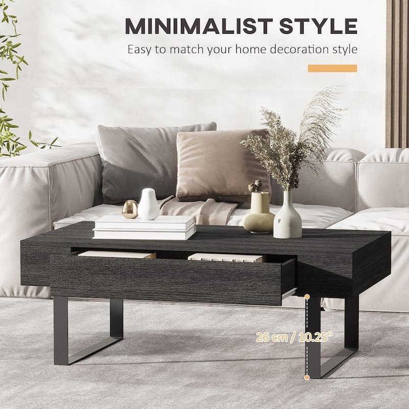 Rustic Dark Grey Coffee Table with Drawer and Metal Frame for Living Room - 43.25"W x 23.5"D x 15.75"H