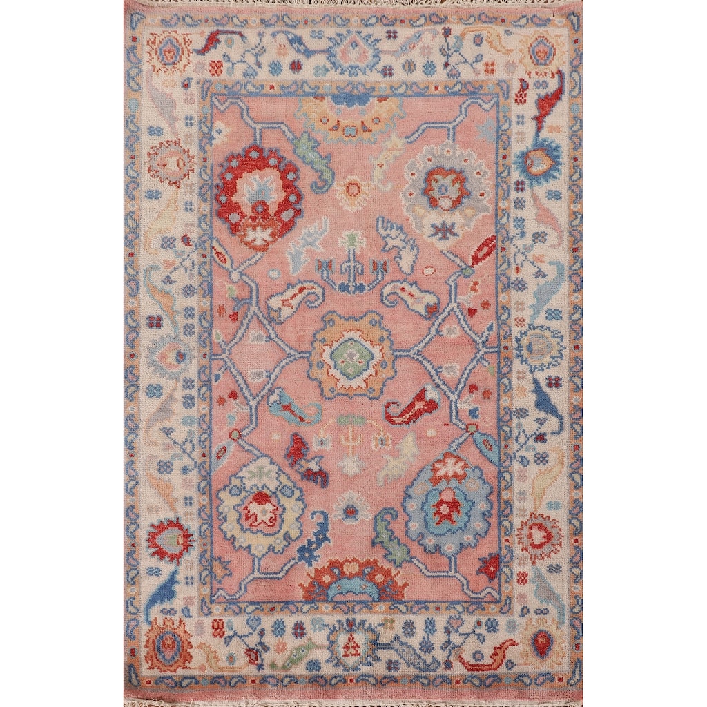 Floral Oushak Oriental Area Rug Hand-Knotted Wool Carpet - 4'0"x 5'9"