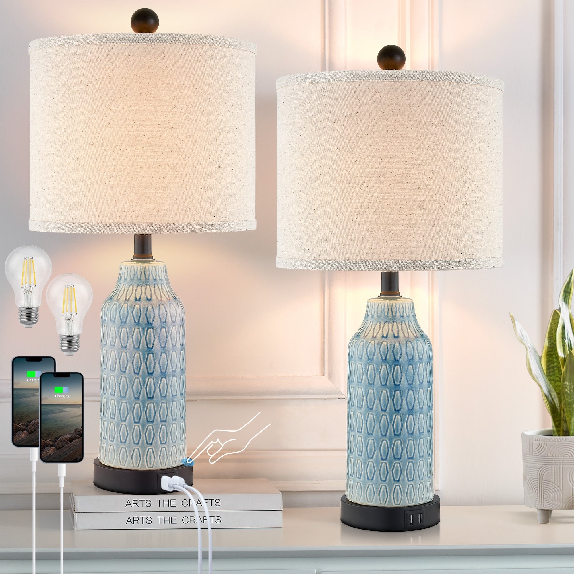 Blue Ceramic Table Lamp with 3 Way Touch Dimming Switch Dual USB Charging Ports Set of 2 11 x 11 x 23 L x W x H Light Blue