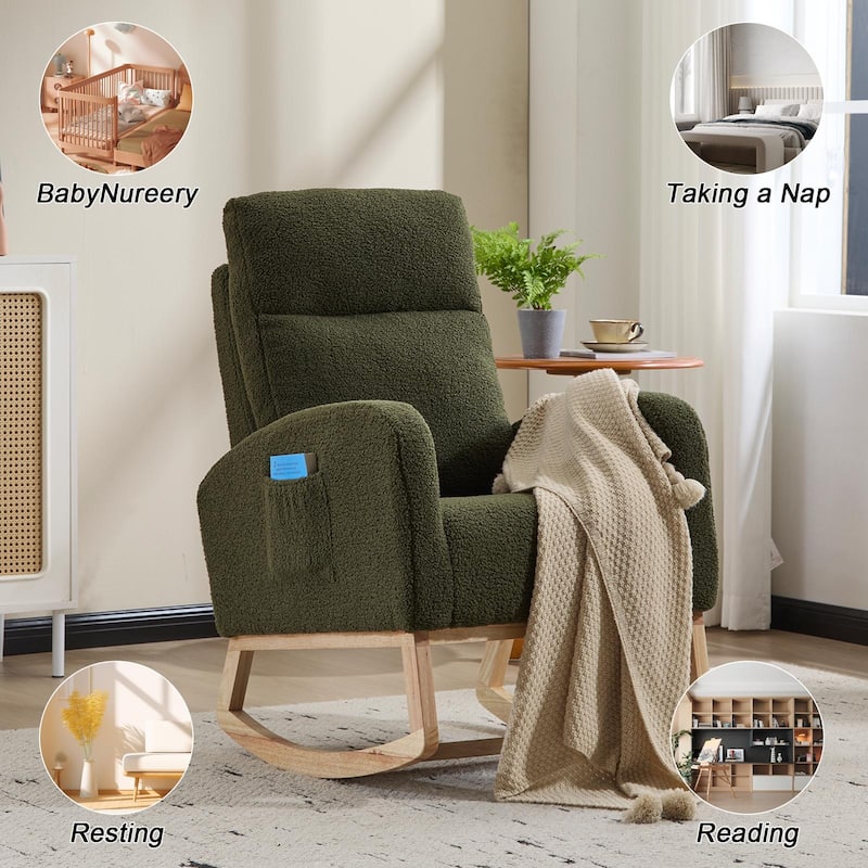 Solid Wood Modern Rocking Chair with High Back and Pocket - 29.5" D x 24.8" W x 40.9" H